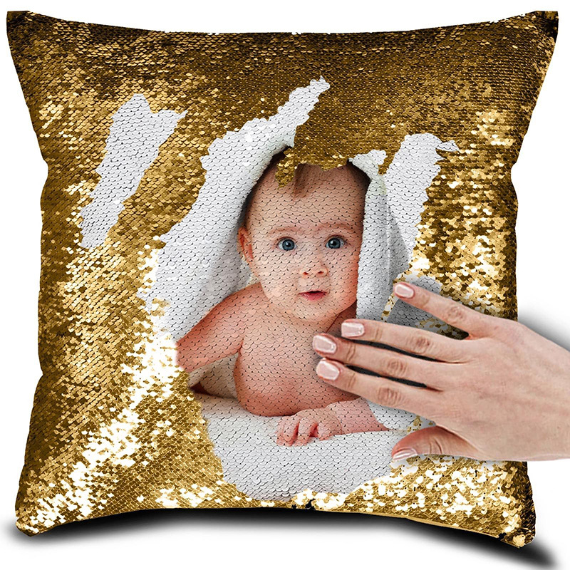 Sequin Pillow Case Two-Tone Picture Pillow Personalized Photo Flip Glitter  Powder Cushion New Personalized Gift